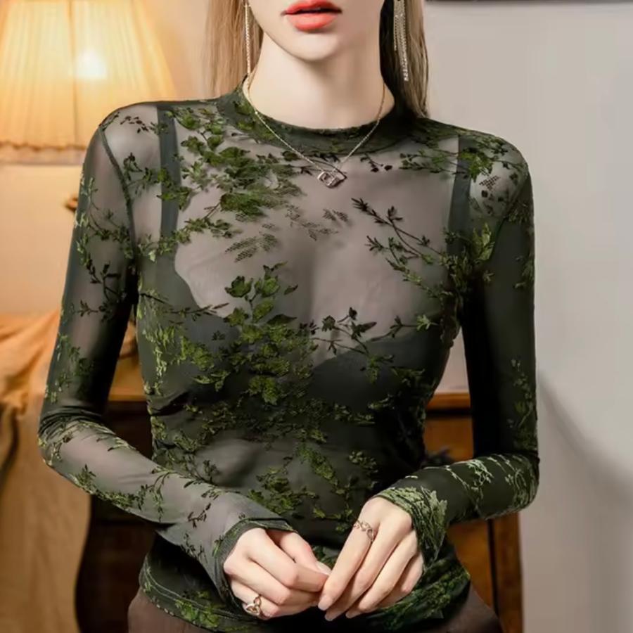シアー ロンT トップス ベロア 花柄 和柄 長袖 韓国 ストリート モード