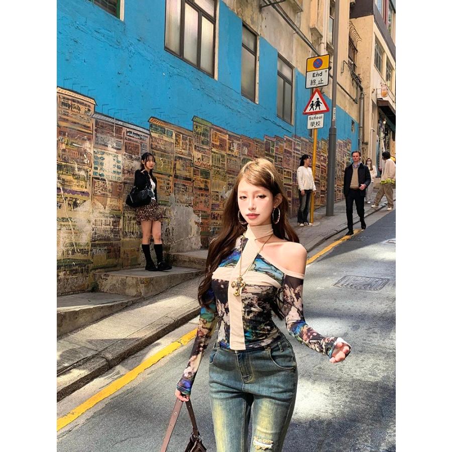 オフショル ロンT Tシャツ トップス 長袖 クロス 韓国 ストリート