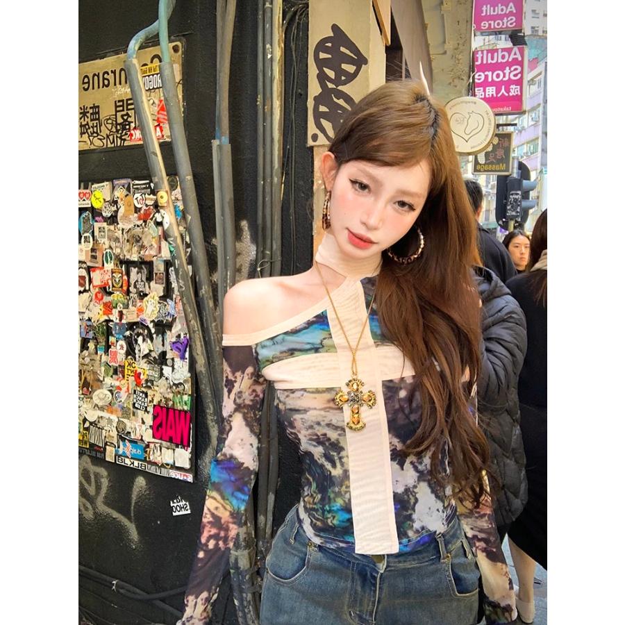 クロス オフショル ロンT Tシャツ トップス 長袖 韓国 ストリート