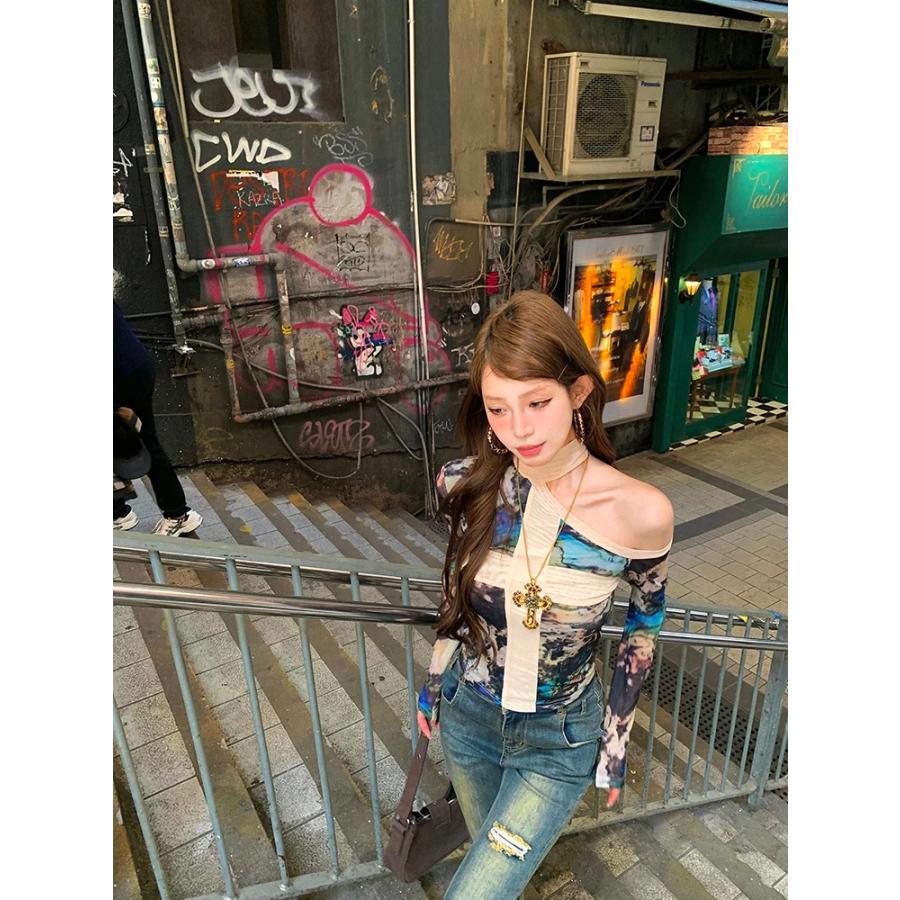 オフショル ロンT Tシャツ トップス 長袖 クロス 韓国 ストリート