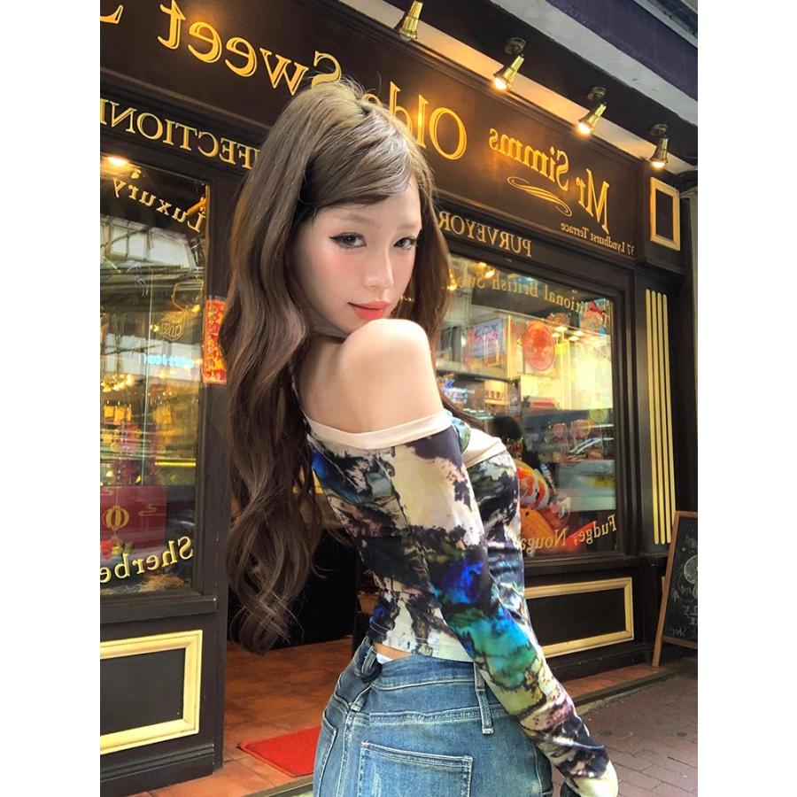 R*0様 d.i.a 平成ギャル y2k ティールカラー オフショルダー長袖トッ クロス オフショル ロンT Tシャツ トップス 長袖 韓国 ストリート