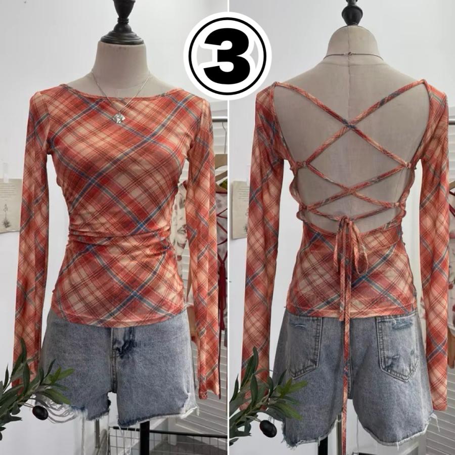 背中あき 編み上げ バックオープン シアー 長袖 トップス ロンT T