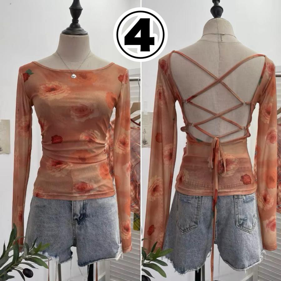 背中あき 編み上げ バックオープン シアー 長袖 トップス ロンT T