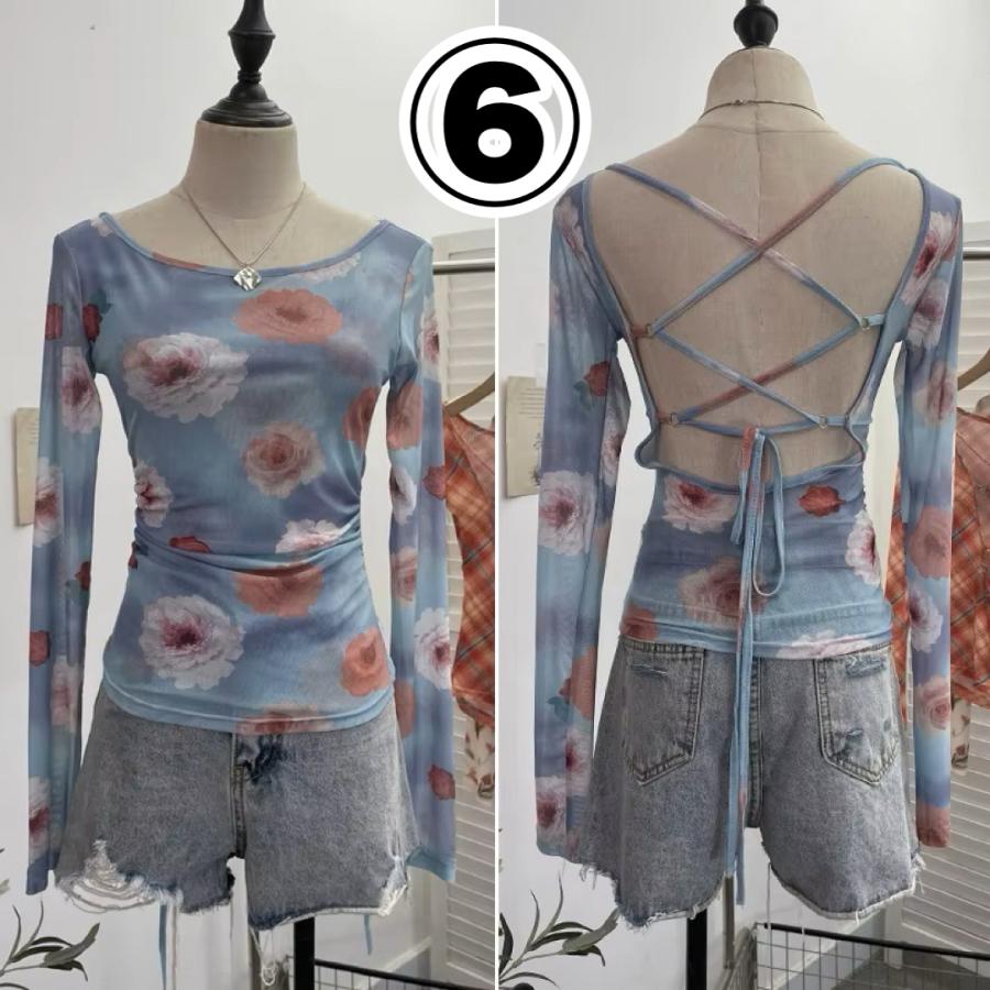 背中あき 編み上げ バックオープン シアー 長袖 トップス ロンT T