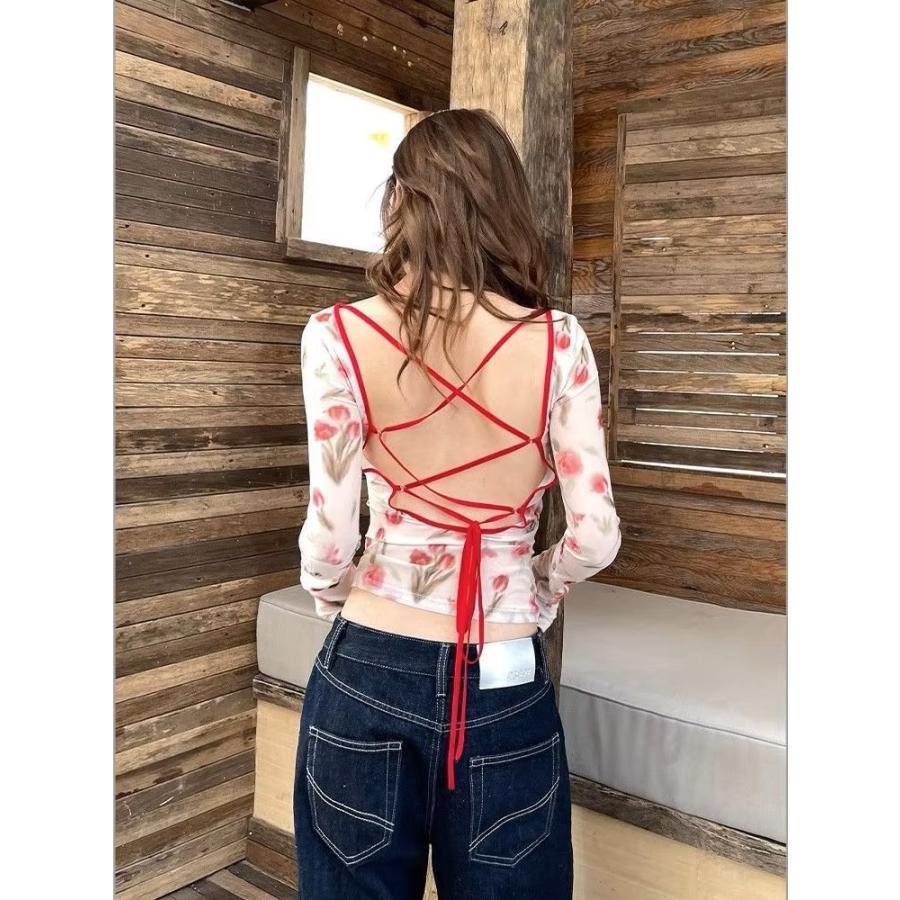 背中あき 編み上げ バックオープン シアー 長袖 トップス ロンT T