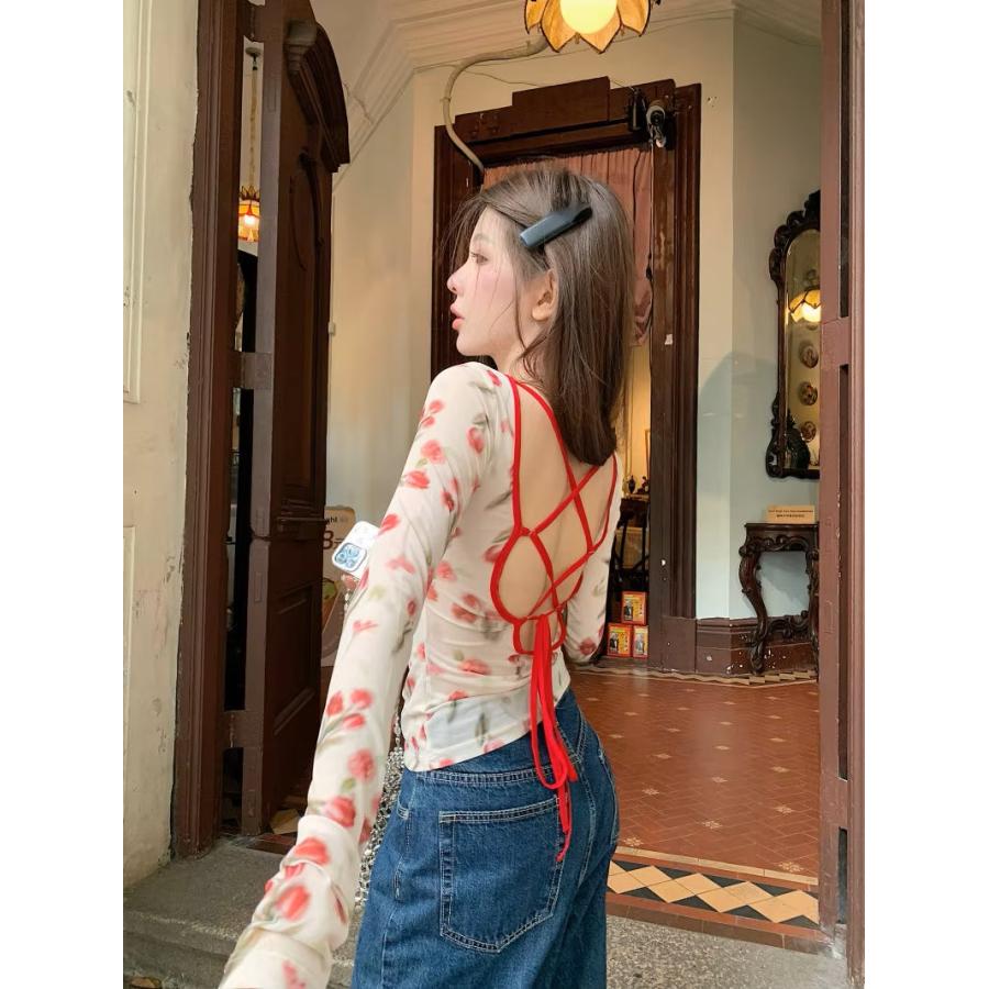 背中あき 編み上げ バックオープン シアー 長袖 トップス ロンT T