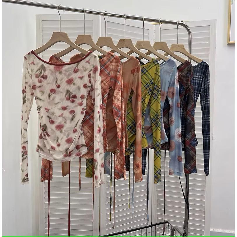 背中あき 編み上げ バックオープン シアー 長袖 トップス ロンT T