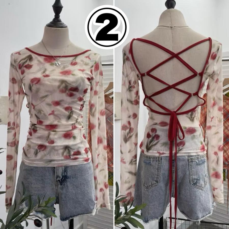 背中あき 編み上げ バックオープン シアー 長袖 トップス ロンT T