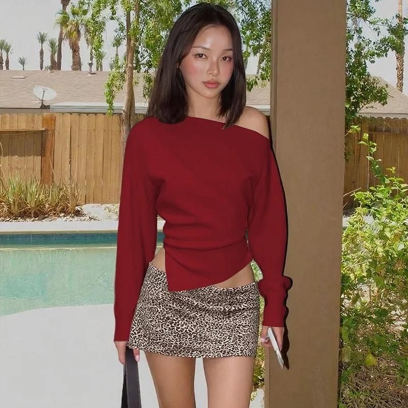 オフショル トップス アシンメトリー スリット 長袖 韓国 ストリート系