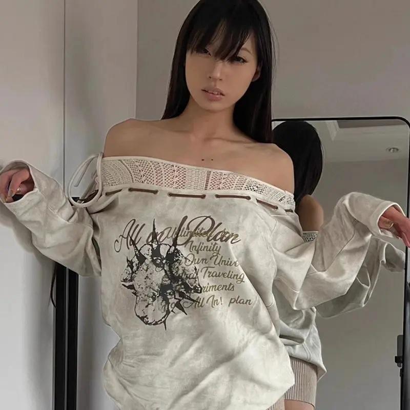 オフショル トップス ロンT 長袖 レース チョーカー 韓国 ストリート
