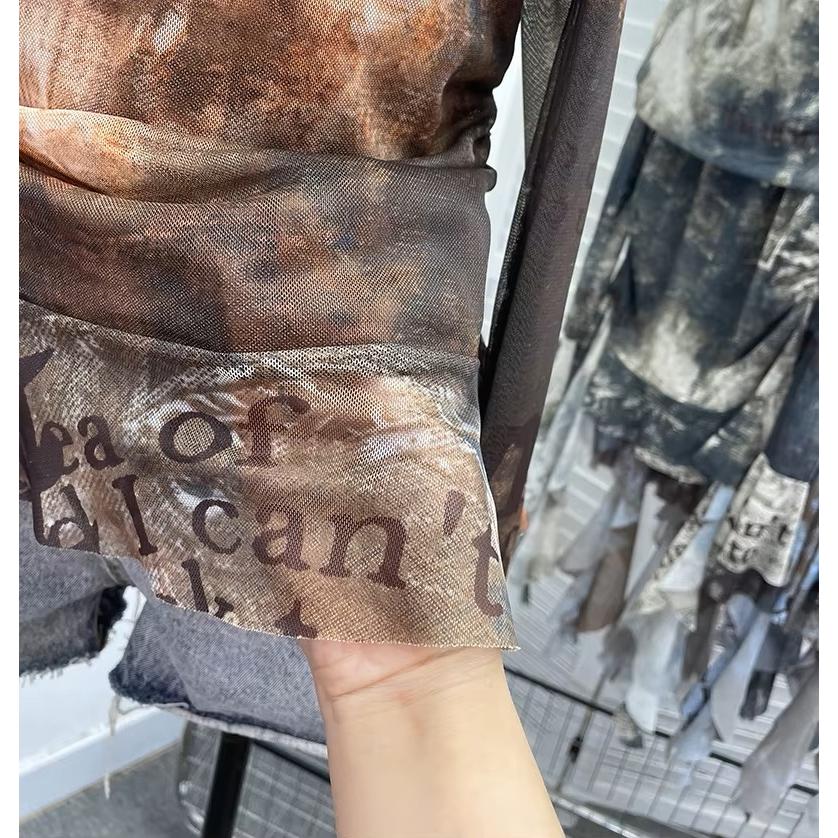 オフショル シアー トップス ロンT ロゴ タイダイ 長袖 ベルスリーブ