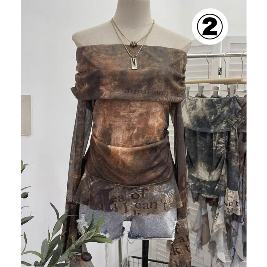 オフショル シアー トップス ロンT ロゴ タイダイ 長袖 ベルスリーブ