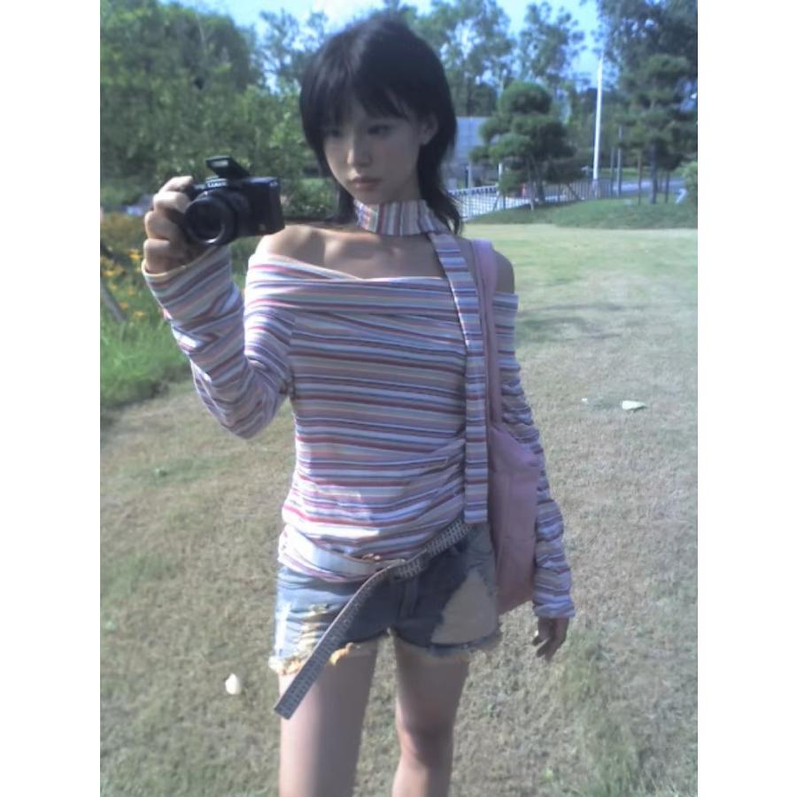 ボーダー柄 オフショル ニット トップス ロンT 長袖 チョーカー付き