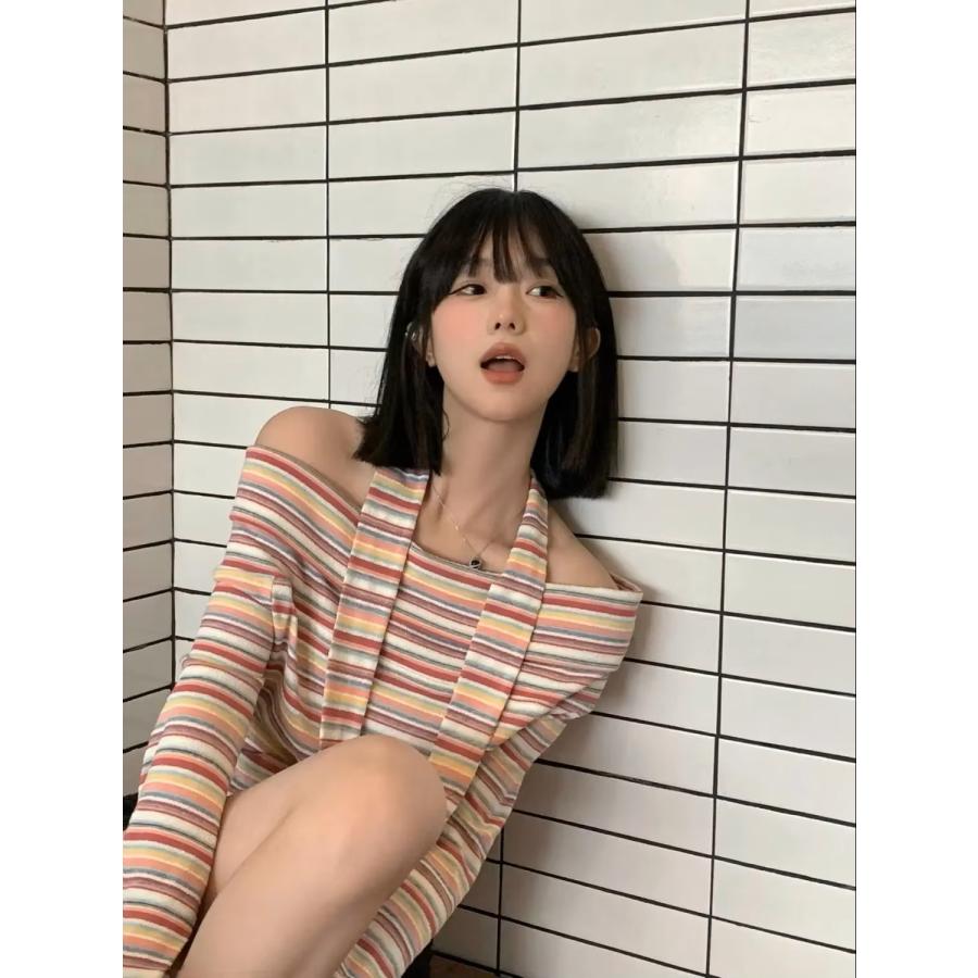 レディース トップス ボーダー 韓国ファッション 韓国服 お洒落 オフショル お トップス 新作 春 夏先取 肩だし オフショルダー トップス ニット
