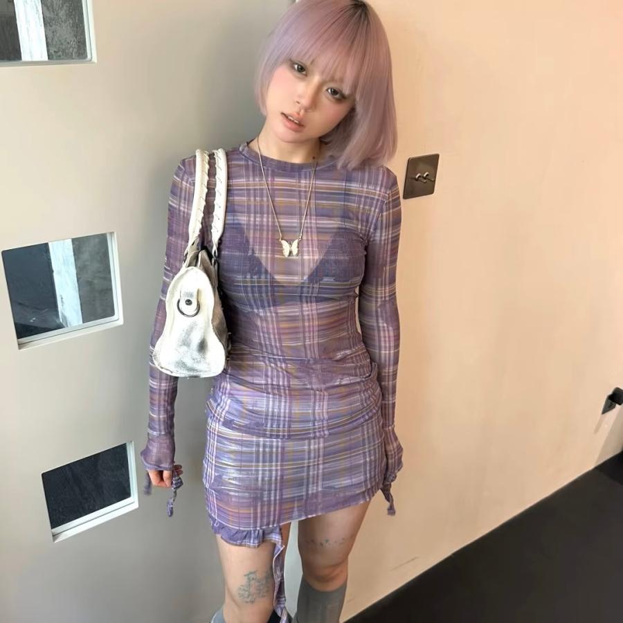 A*I様 希少　NO ID セットアップ　フリンジチェック　韓国　柄　奇抜 セットアップ チェック柄 ジャケット ＋ スカート 韓国