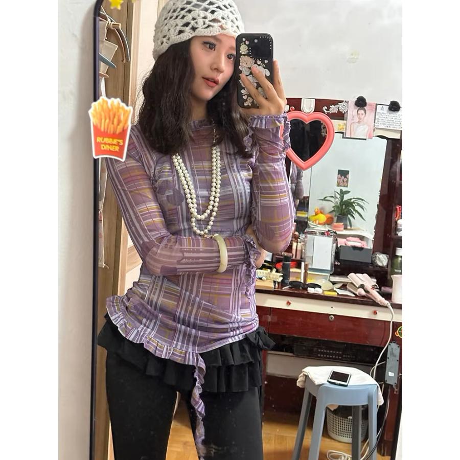チェック柄 シアー トップス ロンT Tシャツ フリル 長袖 ロング
