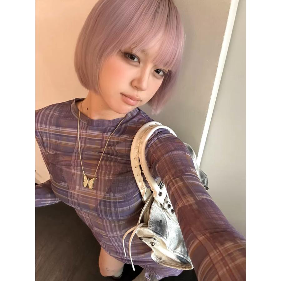 チェック柄 シアー トップス ロンT Tシャツ フリル 長袖 ロング