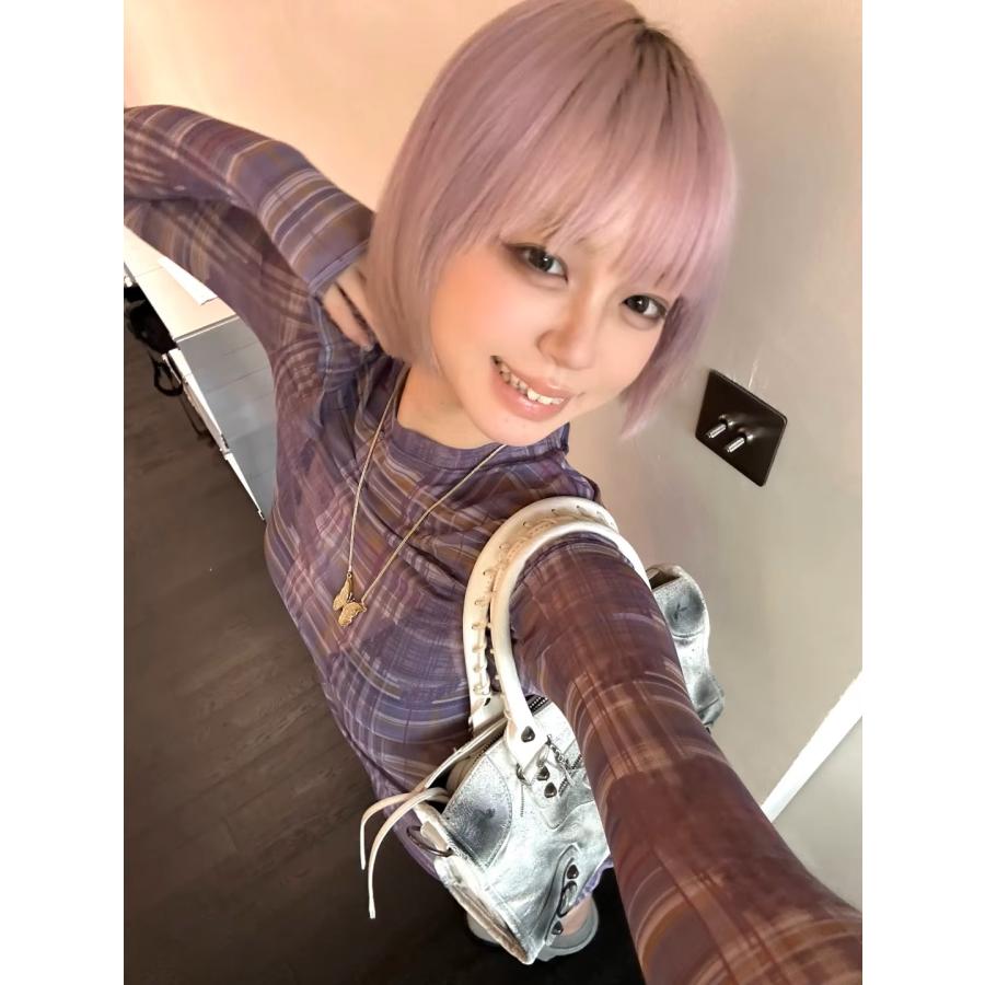 チェック柄 シアー トップス ロンT Tシャツ フリル 長袖 ロング