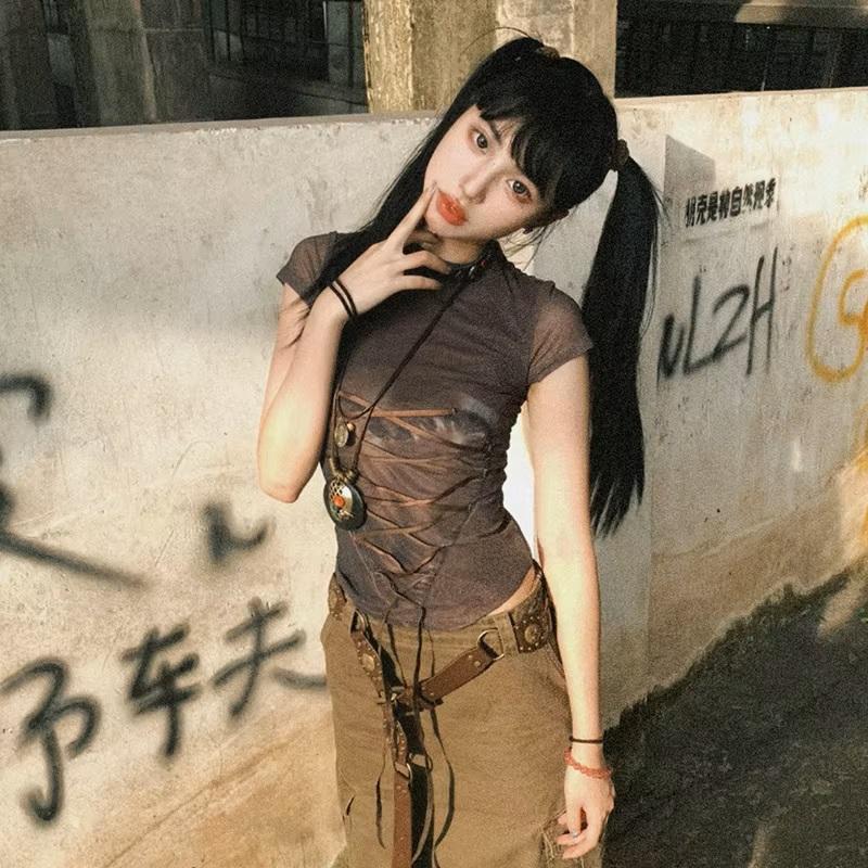 編み上げ シアー Tシャツ 半袖 トップス 韓国 ストリート系 Y2K