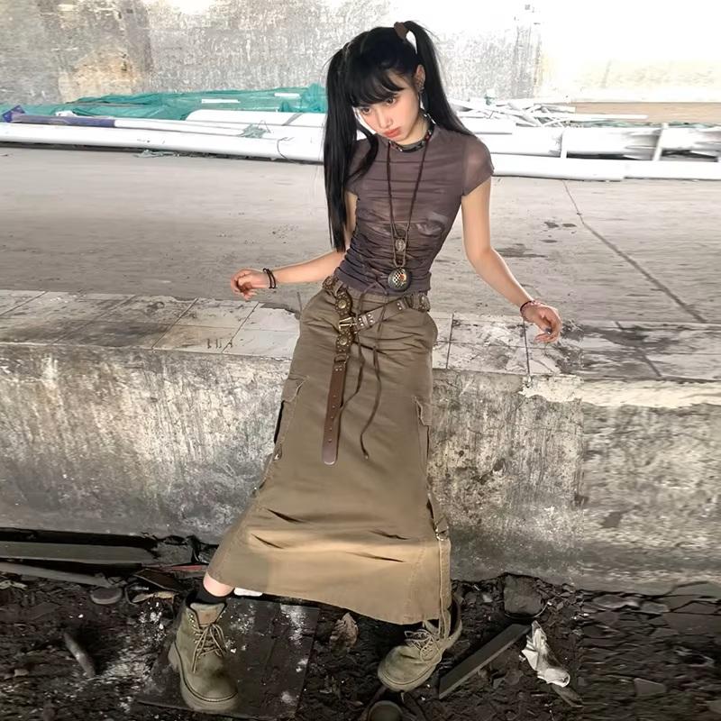 編み上げ シアー Tシャツ 半袖 トップス 韓国 ストリート系 Y2K