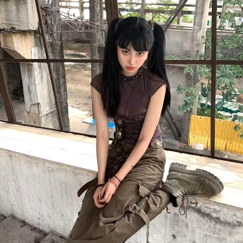 編み上げ シアー Tシャツ 半袖 トップス 韓国 ストリート系 Y2K