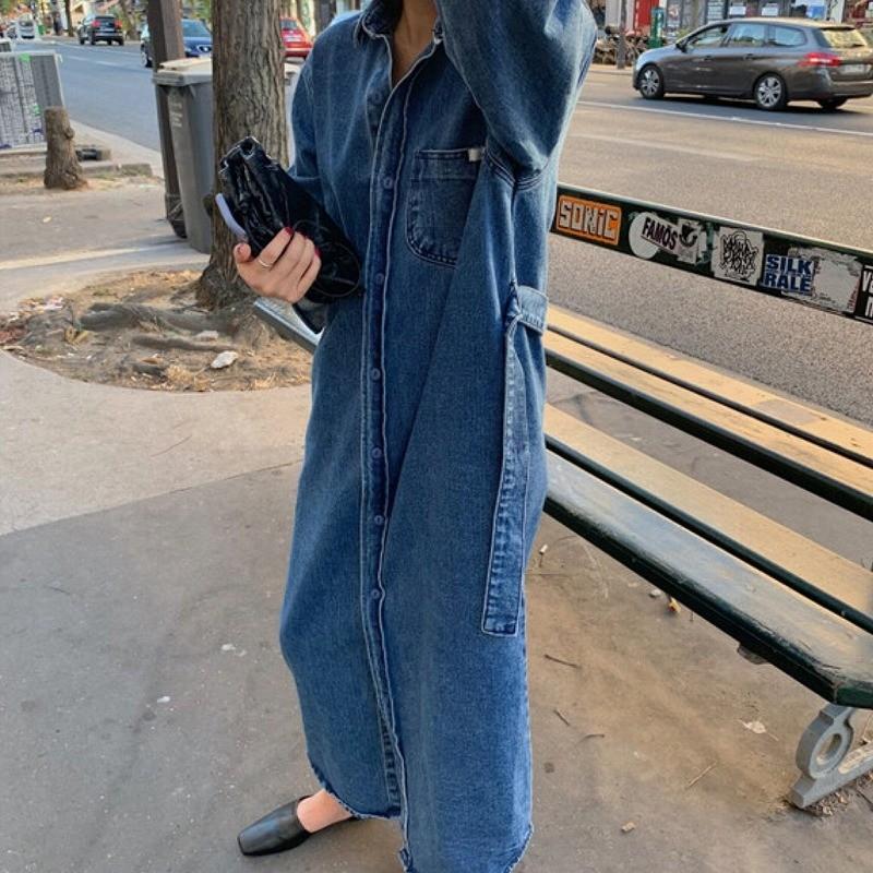 デニム シャツ ワンピース ロング 韓国 オルチャン ストリート ベルト アメカジ 長袖 マキシ丈 原宿系 無地 きれいめ ゆったり J 1270 J 1270 Joyboxストリートショップ 通販 Yahoo ショッピング