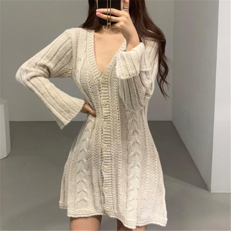ニット ワンピース 韓国 オルチャン Vネック 長袖 セクシー Aライン フレア ショート丈 ミニ カーディガン ストリート 原宿系 きれいめ チュニック Op 979 Op 979 Joyboxストリートショップ 通販 Yahoo ショッピング