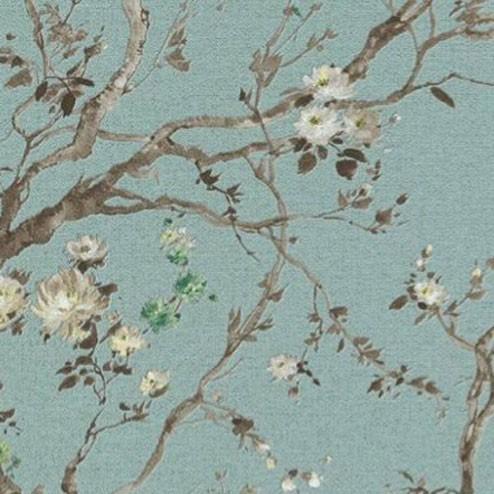 新作モデル 輸入壁紙 Raschサマーコレクション 2956 花 フラワー 和風 ブルー 値引きする Atempletonphoto Com