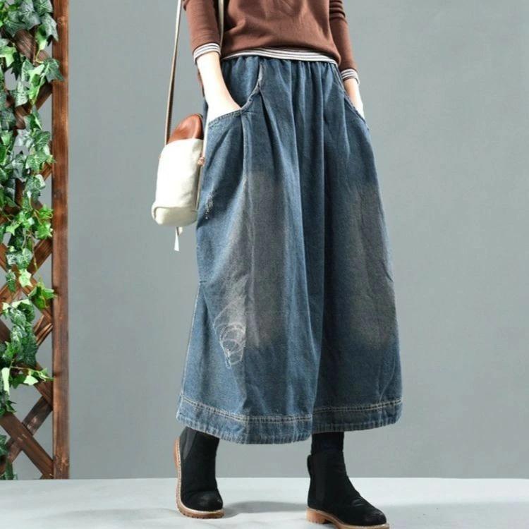 デニムスカート ロング Aライン ゆったり ウエストゴム ダメージ デニム フレア マキシ ミモレ丈 ロングスカート 冬 夏 春 秋 99 Off Aライン