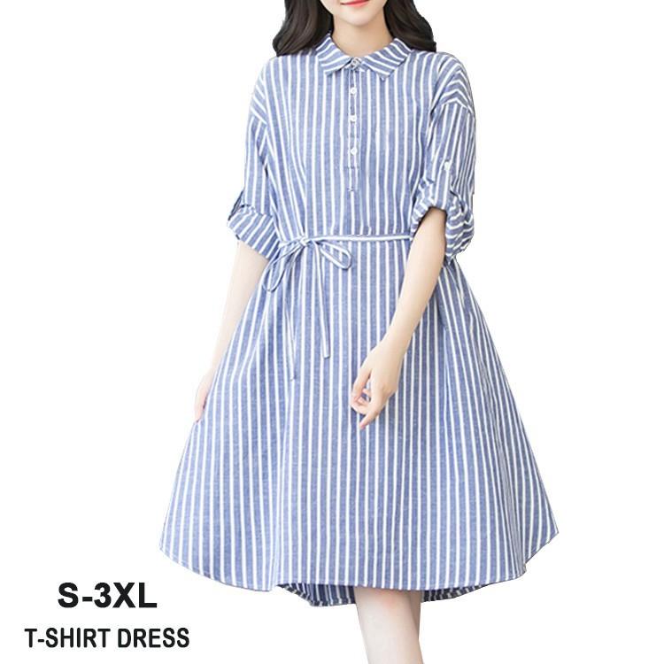 シャツワンピース 大きいサイズ シャツ ワンピース ひざ丈 ストライプ 長袖 大きいサイズ ボーダー柄 膝丈 コットン 麻 リネン シャツワンピ 帯付チュニックワン Fs Hxg042 Joystyle 通販 Yahoo ショッピング