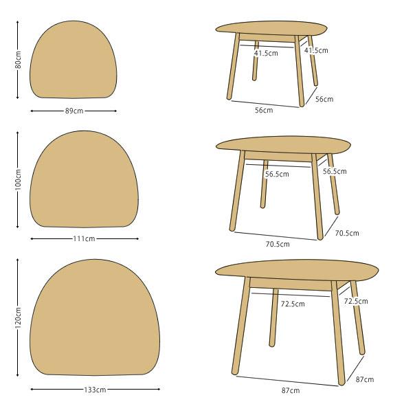 ダイニングテーブル 食卓 おにぎり型 受注生産商品 幅89cm 幅111cm 幅133cm ナラ材 ナラ無垢材 半楕円形状のかわいらしい