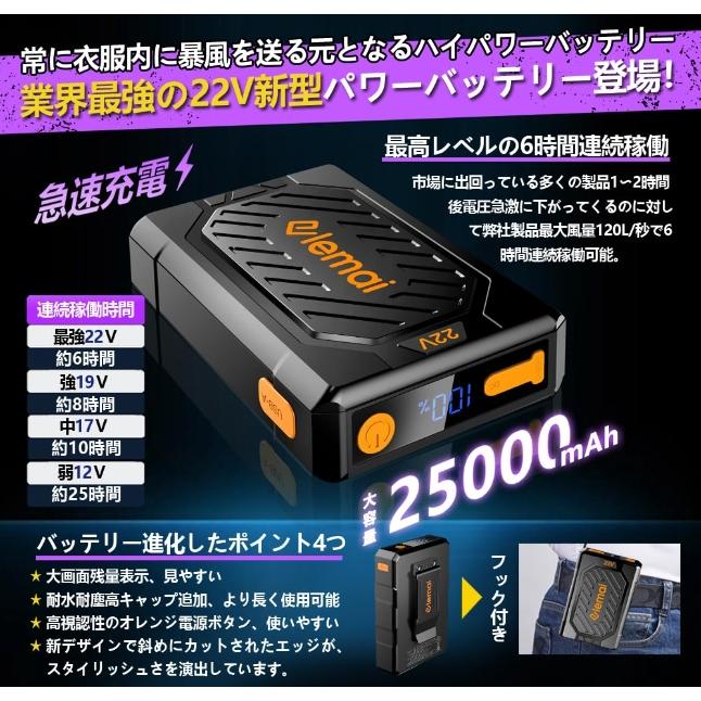 2024年モデル 22V超高出力 25000mAh ファンバッテリーセット チタンファン付きベスト 空冷調節作業服 猛暑対策必須品 NIN-elemai-22V-BSMC-2024-X｜jp-buy｜14