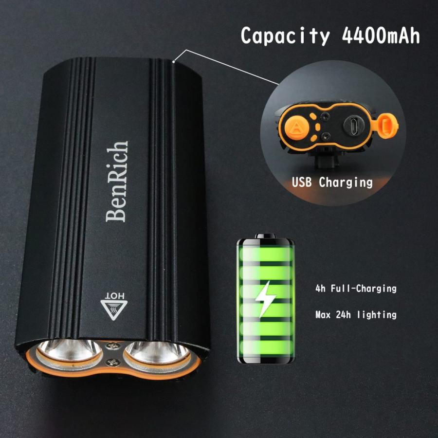 BenRich 自転車 ライト 【大容量4400mAh 2400ルーメン USB充電式】 自転車ヘッドライト IPX6防水 高輝度 防振 ...