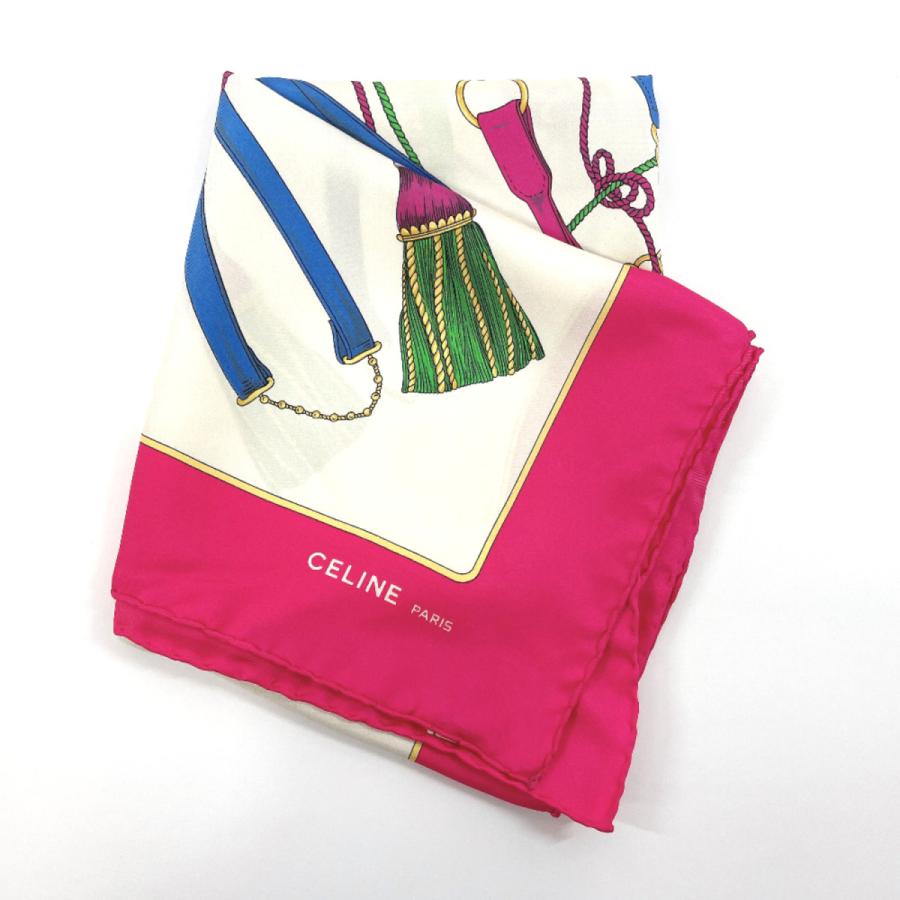 CELINE セリーヌ スカーフ シルク100% ピンク タッセル ベルト 装飾柄 