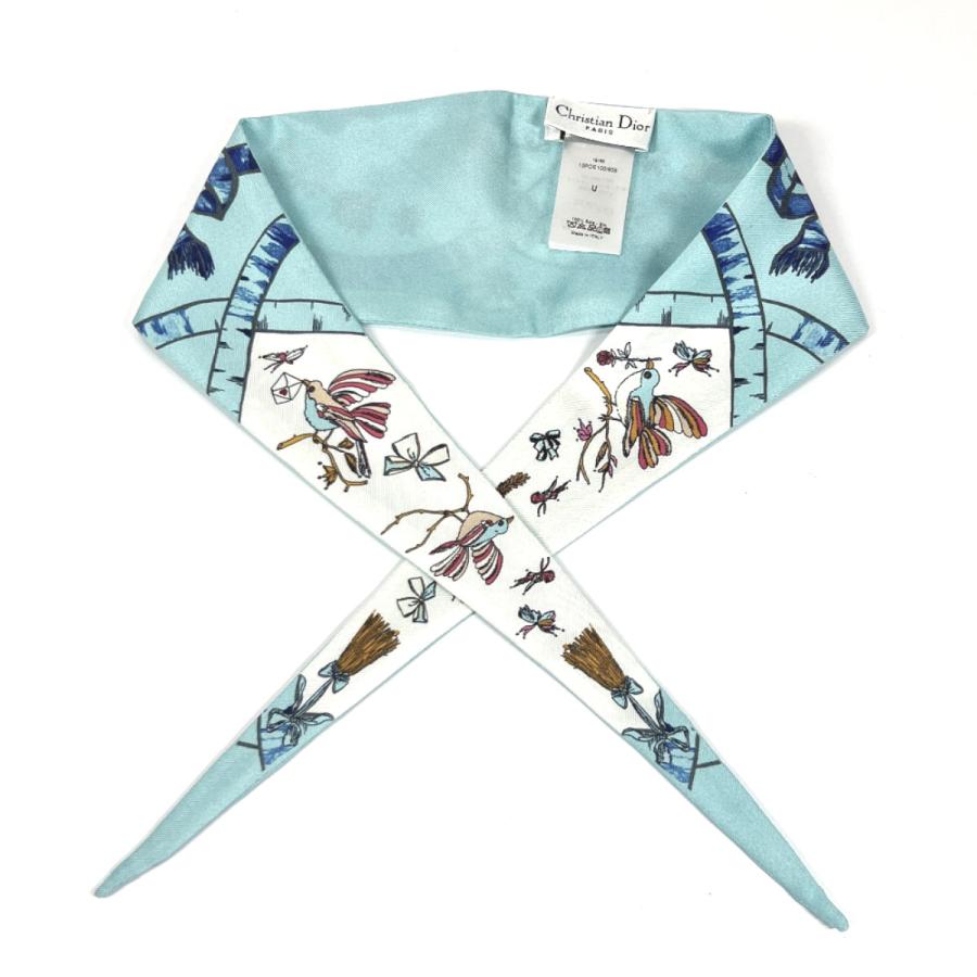 ディオール Dior スカーフ リボン ブルー シルク100％ 細めデザイン