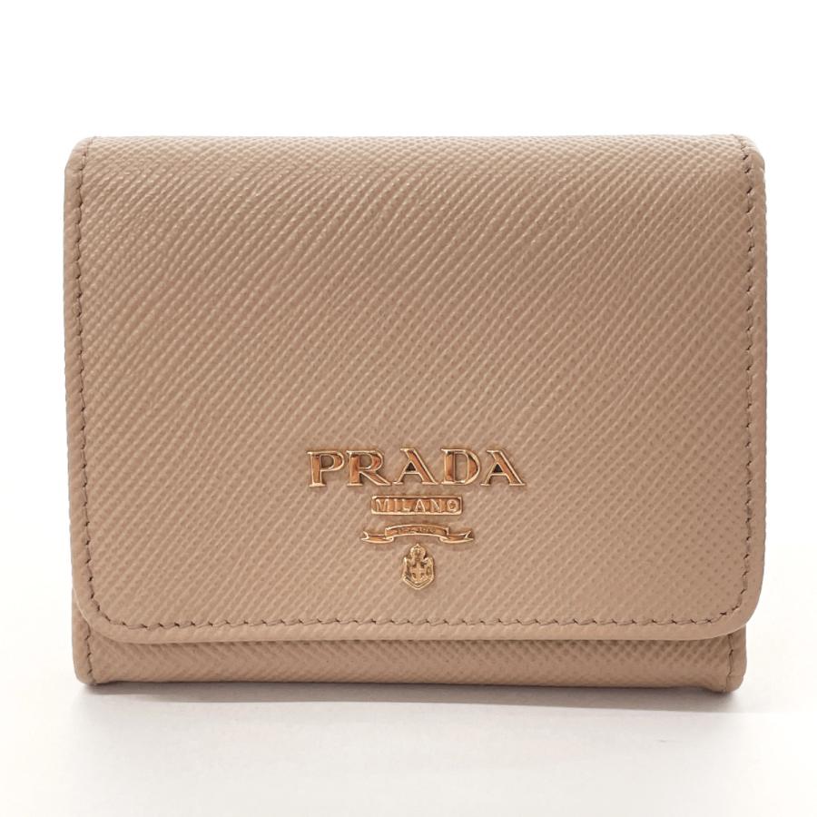 美品 PRADA 三つ折り 財布 リザード ベージュ M176 プラダ PRADA 財布 三つ折り財布 折りたたみ財布 小銭入れ付き PR