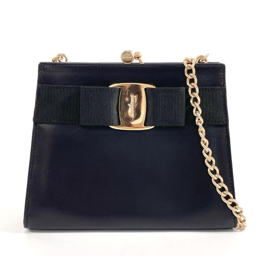 フェラガモ チェーン ミニショルダーバッグ ヴァラリボン がま口ブラック