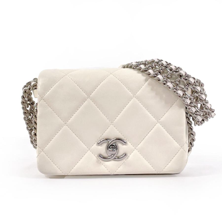 シャネル ラムスキン ココマーク チェーン ショルダー バッグ ホワイト CHANEL - シャネル ラムスキン ココマーク チェーン ショルダー バッグ