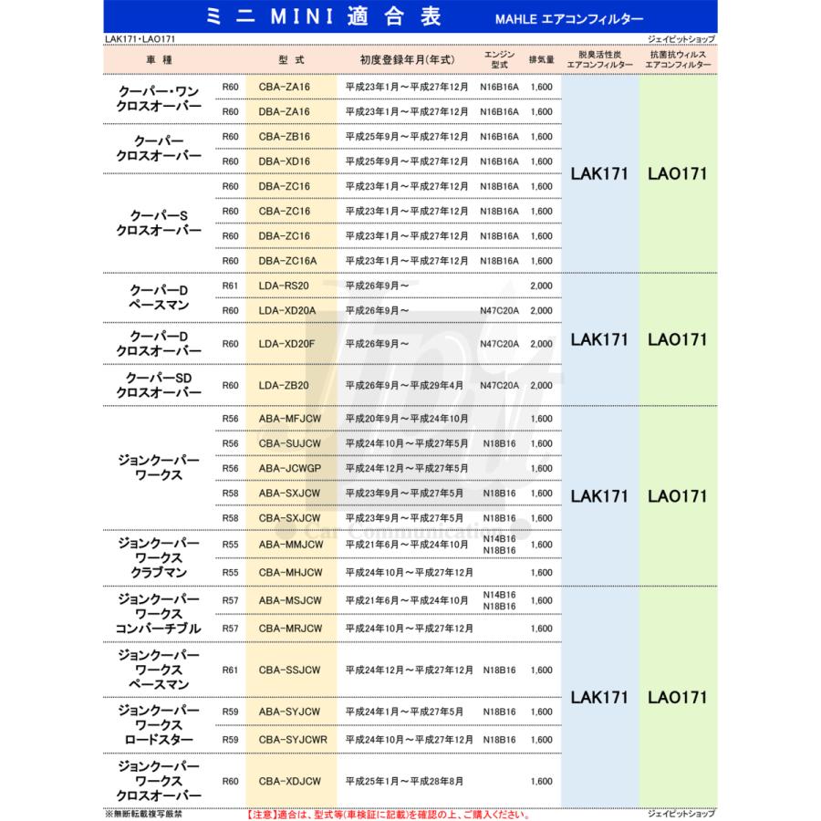 BMW ミニ エアコンフィルター 脱臭 MINI ( R50 R52 R53 R55 R56 R57 R58 R59 R60 R61 ) クーパー S SD D ワン クラブマン カムデン メイフェア 他 マーレ LAK171｜jpitshop｜03