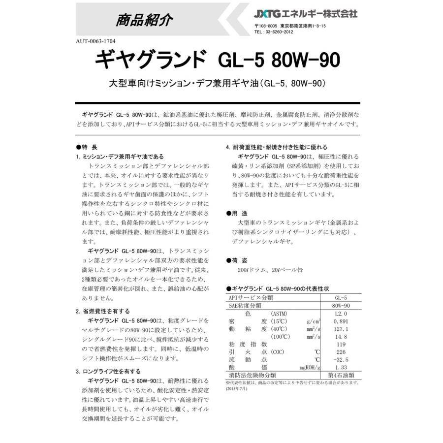 JXエネルギー ギアグランド GL-5 80W-90 ギヤオイル 200L ドラム缶