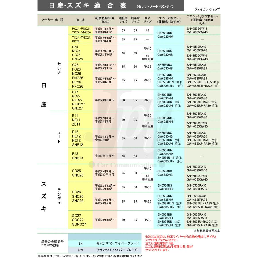 ノート 撥水シリコン ワイパー ブレード (雨用 左右&アダプタセット