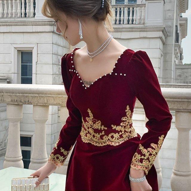 2極タイプ ベロア ベルベット ゲストドレス 結婚式ドレス ワイン赤 冬