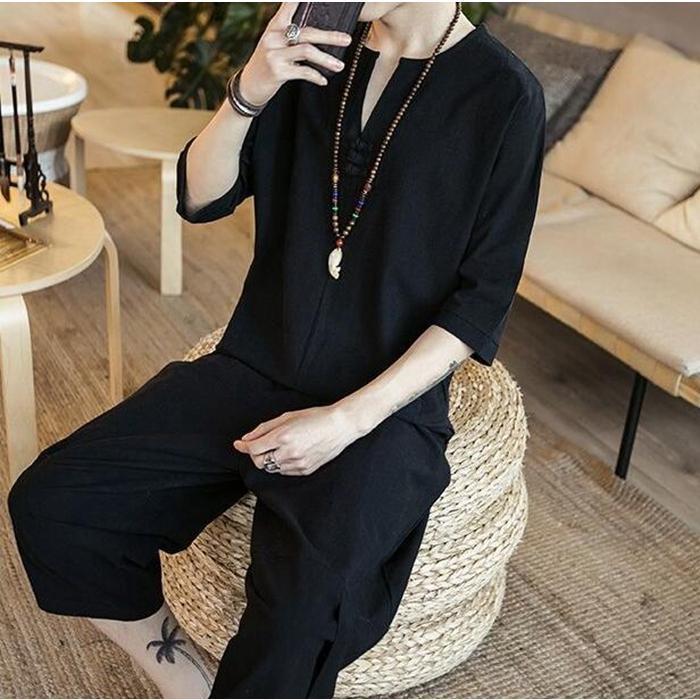 最も優遇の 綿麻上下セット メンズ セットアップ リネン 七分丈