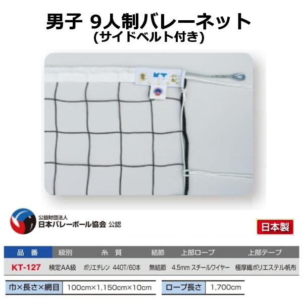 寺西喜 検定AA級 9人制バレーネット男子(サイドベルト付) ポリエチレン 440T／60本 スチールワイヤー KT-127 ＜2025NP＞