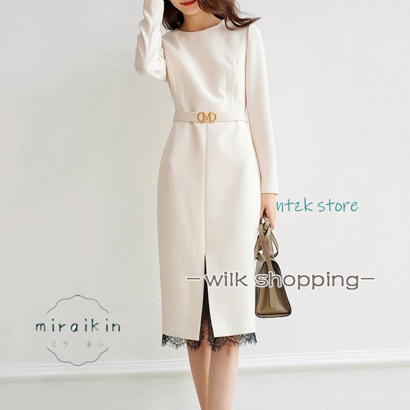 長袖ワンピース40代 春物レディース フォーマル ビジネス 膝丈ワンピース 丸首 長袖 レース切り替え 卒業式 入学式 ママ 上品 50代60代 長袖ワンピース40代 春物レディース フォーマル ビジネス 膝丈