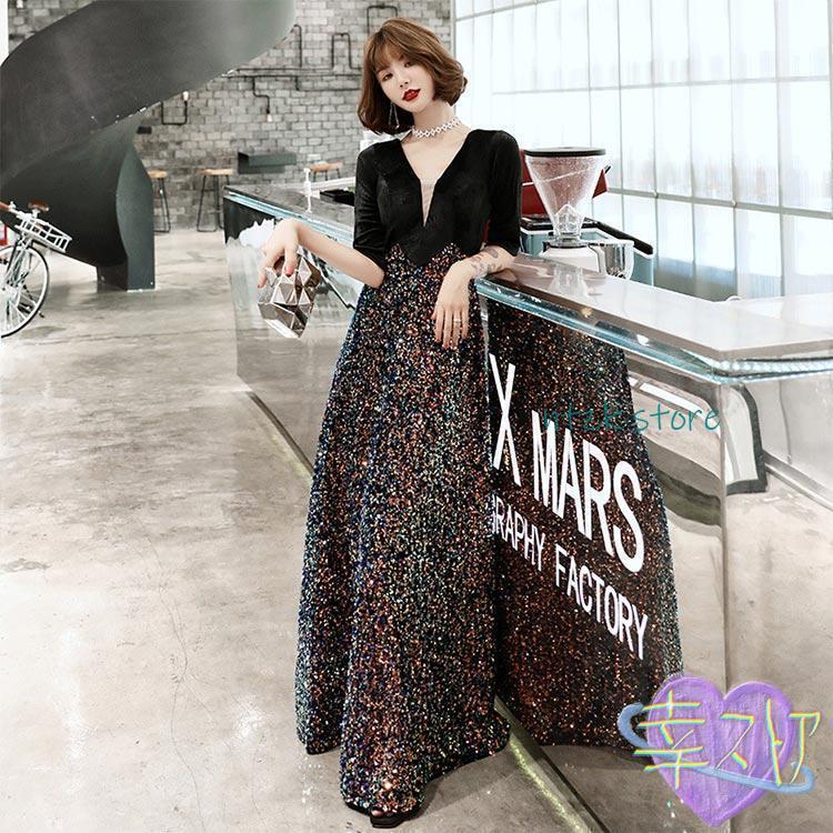 全4色 イブニングドレス 黒 ロングドレス キラキラドレス 発表会ドレス スパンコール 素敵 キレイめ パーティードレス ブラック ワイン赤 | ブランド登録なし