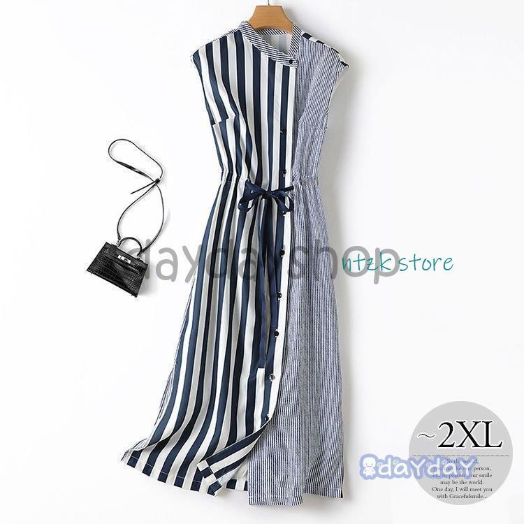 ストライプ×黒♡ リボン ワンピ ノースリ ワンピース ストライプ柄 ノースリーブ ウエストリボン オフィス