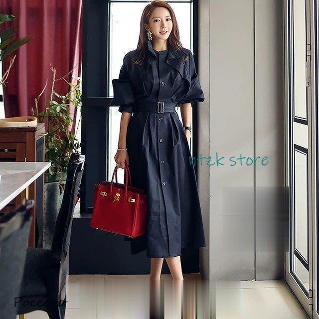 トレンチ風ワンピース ロング ミモレ丈 春 秋 冬 通勤 OL 紺色