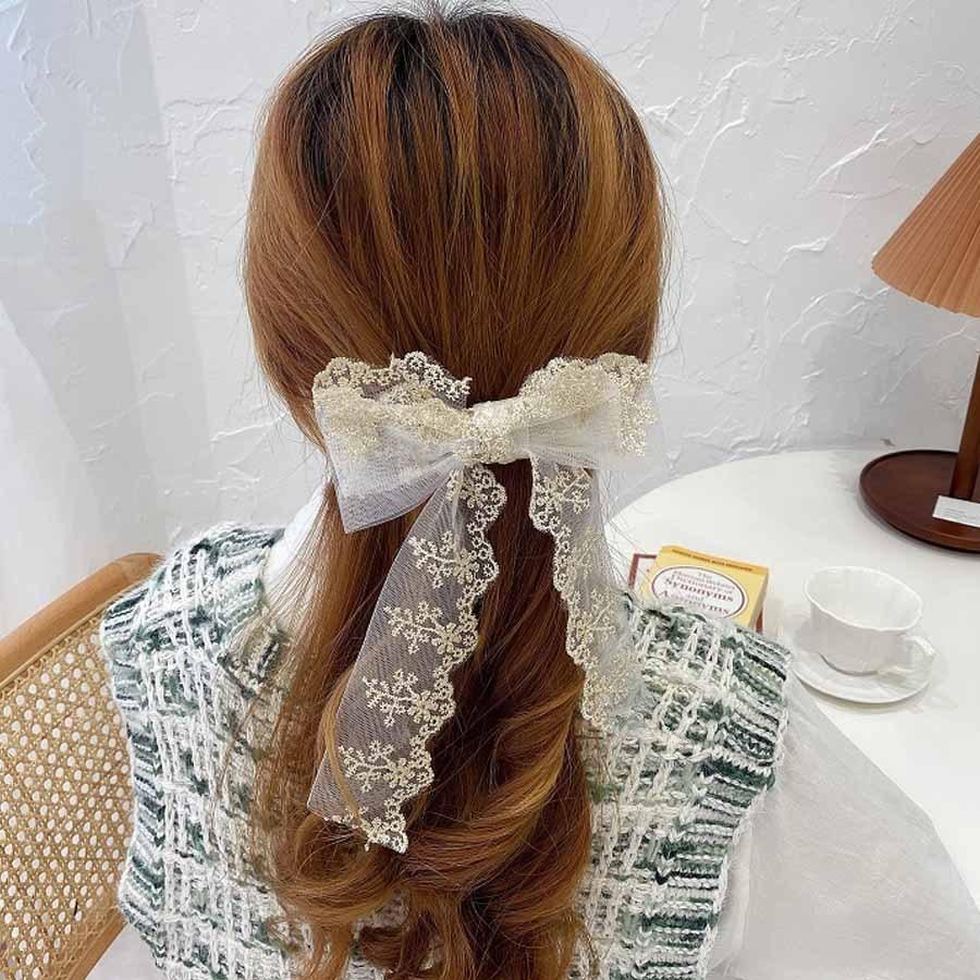レースリボンバレッタ ヘアクリップ ヘアアクセ ダブル 清楚 ガーリー