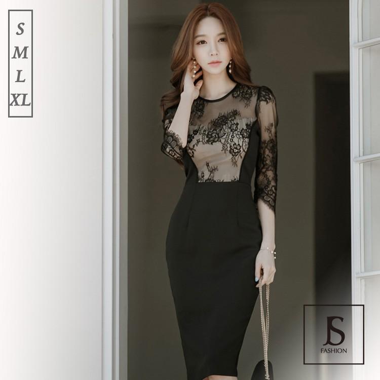 パーティードレス 透け感が大人セクシー レース切替シースルー膝丈ブラックドレス カップイン 七分袖 エレガント 女子会 お呼ばれ会 結婚式 Jsファッション Gs Js Fashion 通販 Yahoo ショッピング